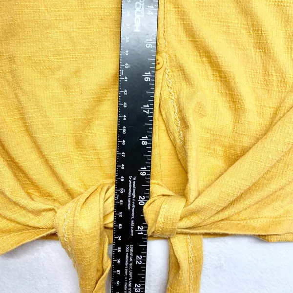 Max Studio Tie Front Ruffle Sleeve Top Women L Yellow Button Up Slub Knit Size L - Image 4