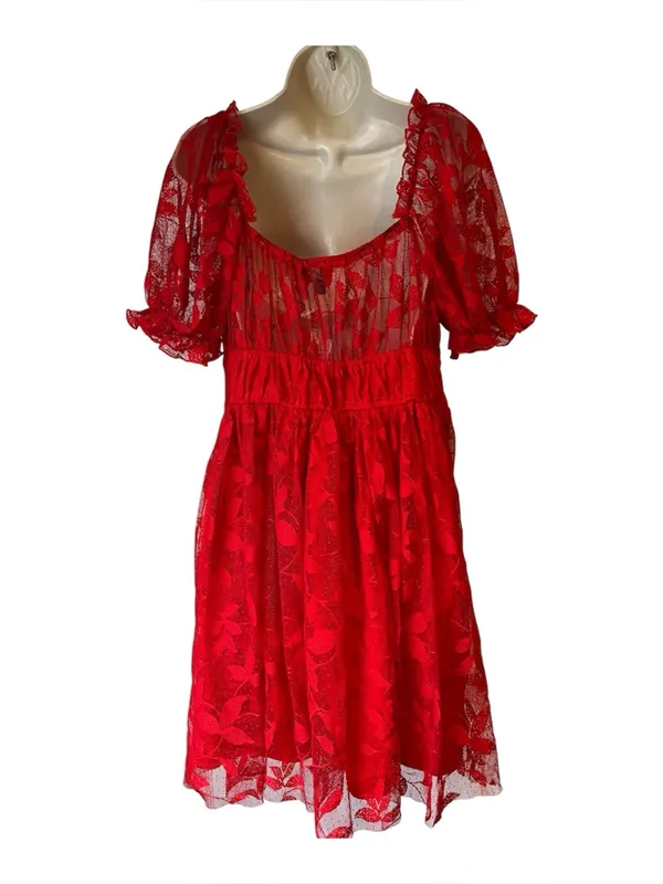 SBetro Plus 1XL Red Lace Overlay Puff Sleeve Sweetheart Mini Dress Coquette NWT - Image 2