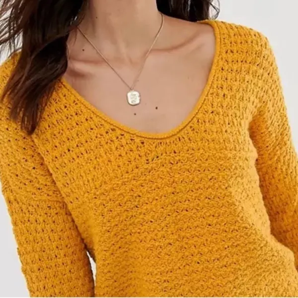 Abercrombie &‎ Fitch Women's Mustard V-Neck crochet Sweater Size L - Image 4