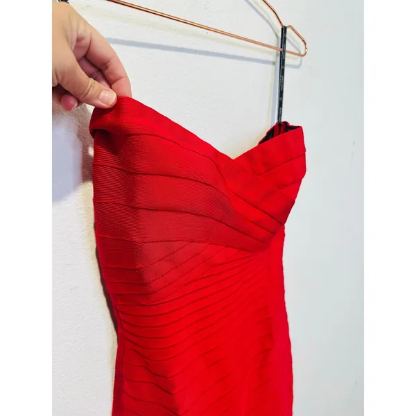 HERVE LEGER Fire Red Isla Signature Bandage Strapless Sleek Sculpted Dress sz S - Image 8
