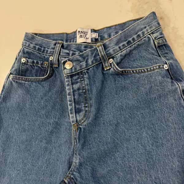 Princess Polly Holly Asymmetrical Straight Leg Denim Jean Womens 2 Mid Wash Blue - Image 7