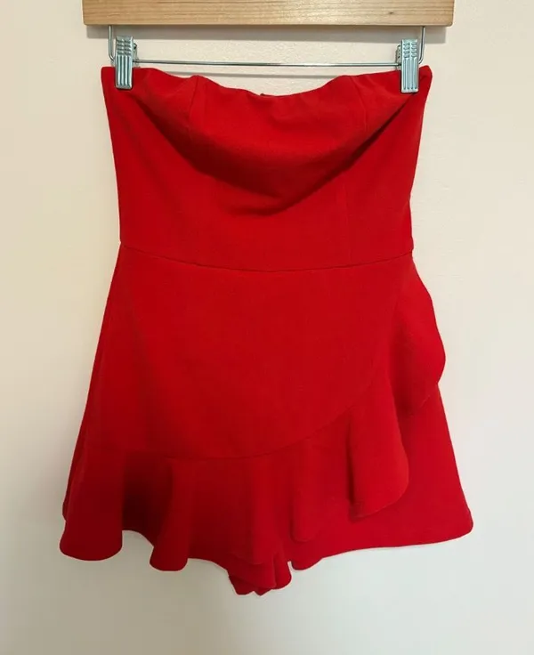 Call Me Up Red Ruffled Strapless Skort Romper - Image 2