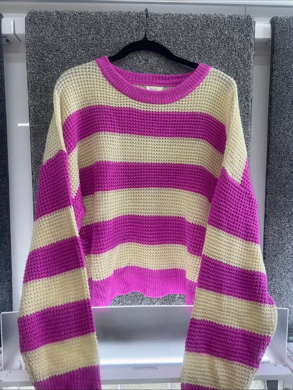 Striped Pink and Cream Knit Sweater Size L - Image 2