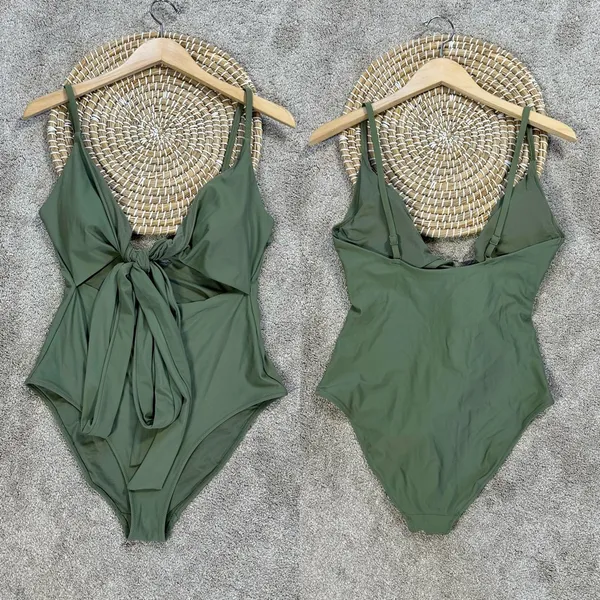 aerie Women’s Long Wrap Tie One Piece Full Coverage Swimsuit in Green L - Image 3