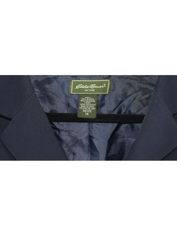 Eddie Bauer Womens Petite 14 Navy Blue 90s Vintage Blazer Career Office Jacket - Image 3
