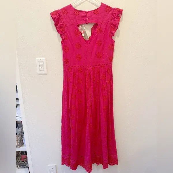 ANTHROPOLOGIE‎ NWT RANNA GIL Tomine Eyelet Midi Dress in Hot Pink size XS - Image 4