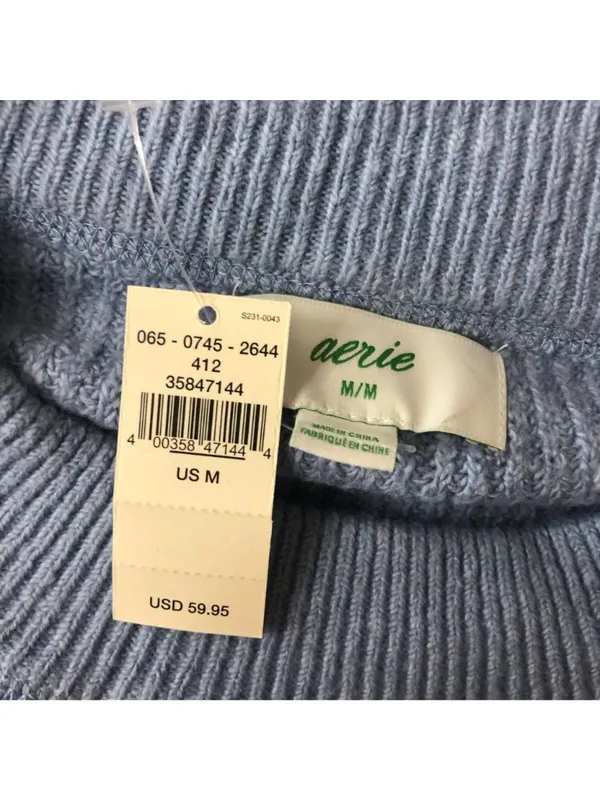 Aerie Womens Oversized Sweater Crew Neck Chunky Ribbed Knit Light Blue M - Image 3