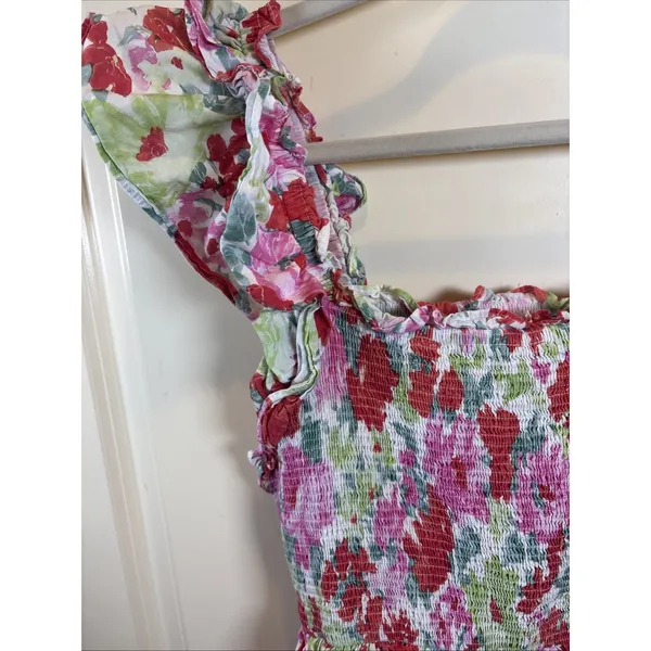 Entro Floral Smocked Mini Dress | Pink Ruffle Flutter‎ Sleeve Square Neck Large - Image 3