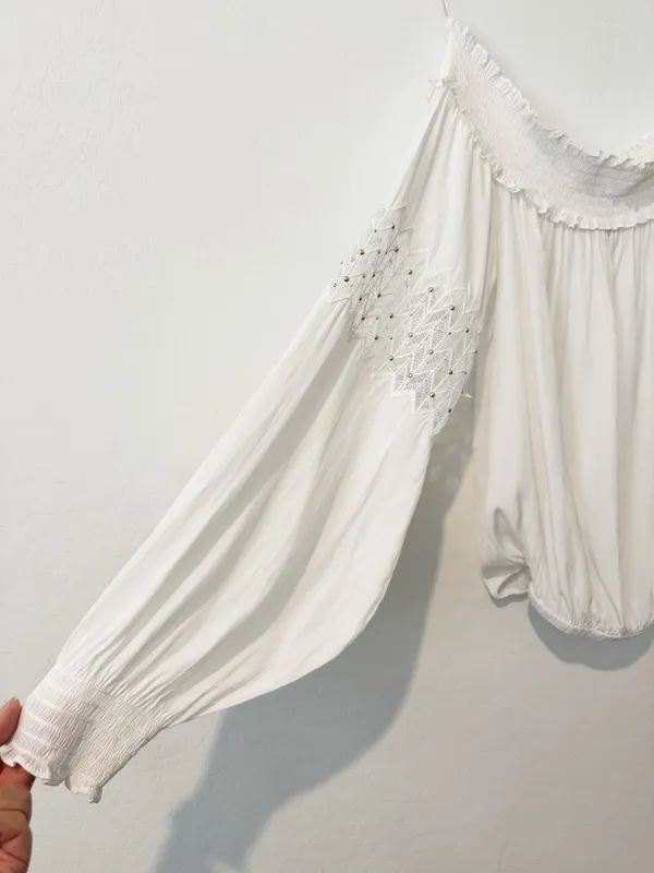 Ramy Brook Marla Blouse Size Small White Off‎ Shoulder Smocked Euro Summer Chic - Image 4
