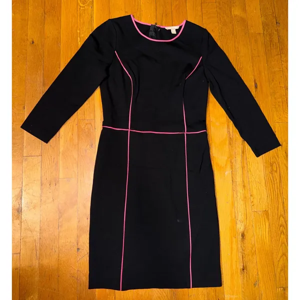 Banana Republic Black Sheath Dress Pink Trim Size 4 Fitted Work L-Sleeve Dress - Image 2