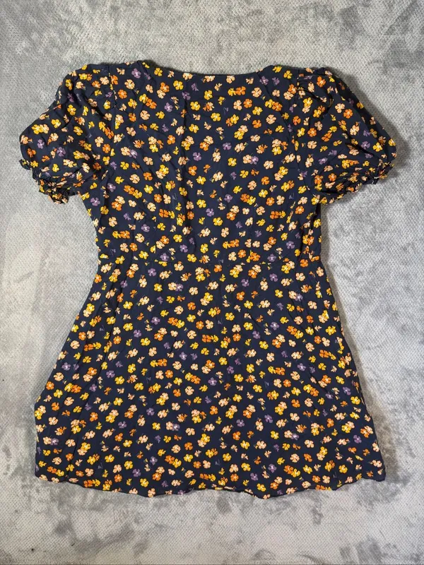 Madewell Sz 14 Navy Floral Button Front Puff Sleeve Mini Dress Cottagecore Boho - Image 9