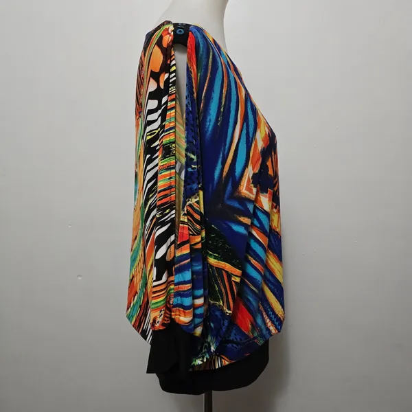 Bali M Multicolor Abstract Cold Shoulder Split Sleeve Top Lagenlook Avante Garde - Image 5