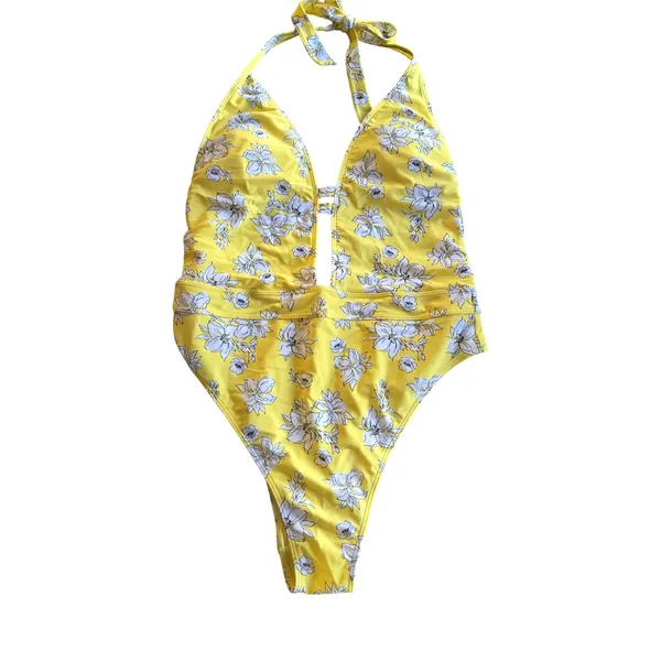 Abercrombie & Fitch Yellow Floral One Piece Halter Swimsuit Size:‎ L - Image 2