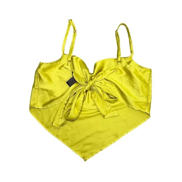 Japna Women’s XS Yellow Satin Cowl Neck Tie Back Cami Top Y2K Handkerchief Hem - Image 5