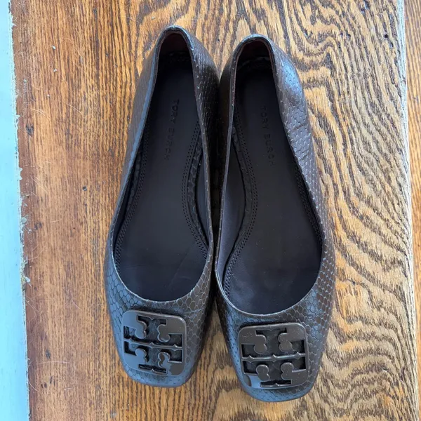 Tory Burch Georgia Brown Snake Embossed Leather Square Toe Ballet Flats 5M‎ EUC - Image 4