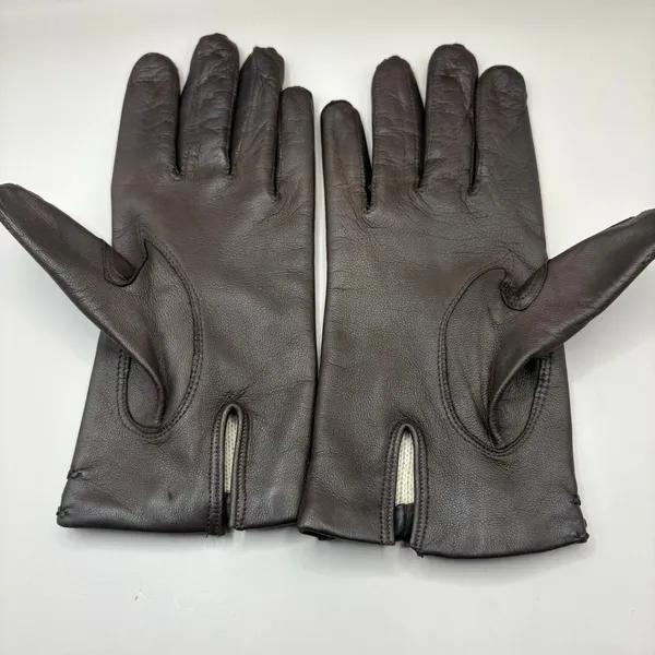 American Vintage VTG Leather Gloves Sz 7 Brown Knit Fabric‎ Lined Unbranded Braided Embellished - Image 3
