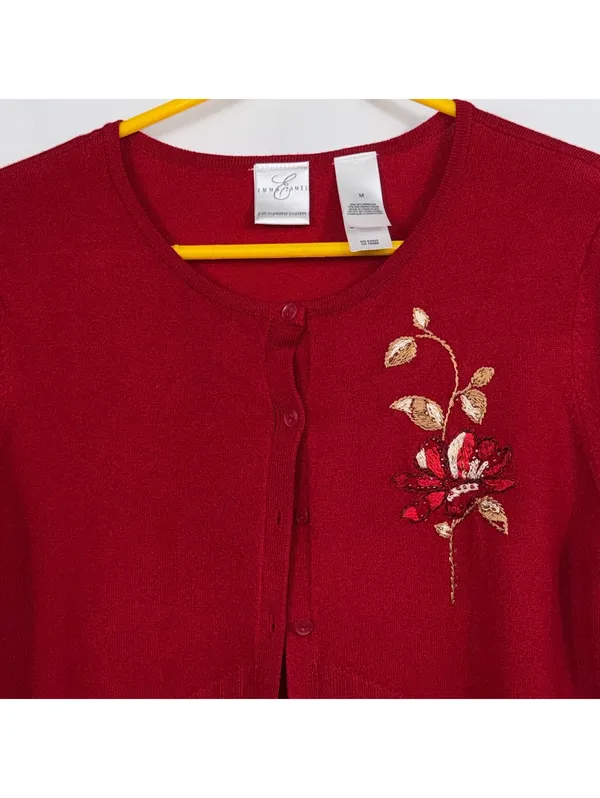 Emma James Women’s M Red Embroidered Floral Cardigan - Image 2