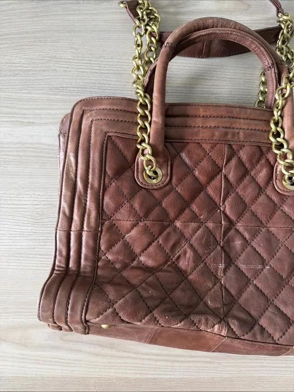 Love Stitch Brown Quilted Faux Leather Tote Bag with Gold Chain Handles & Strap - Image 6