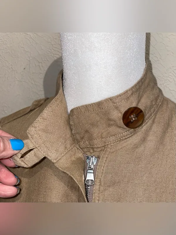 Zara Basic Women’s Size XS Tan 100% Linen Jacket Brown Utility Military Safari - Image 4