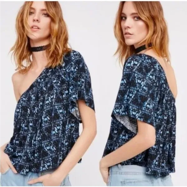 Free People Ocean Avenue One Shoulder Flowu Blue Patterned Top Small - Image 2