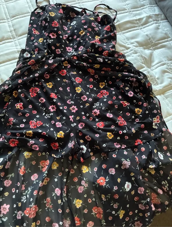 No Boundaries Black Floral Maxi Shorts Jumpsuit with Lattice Neckline - Image 3
