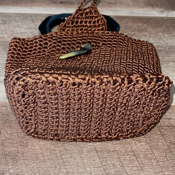 Womens Crochet Double Plastic Handle Tote‎ Handbag Brown 7”x 8.5”x 4” - Image 4