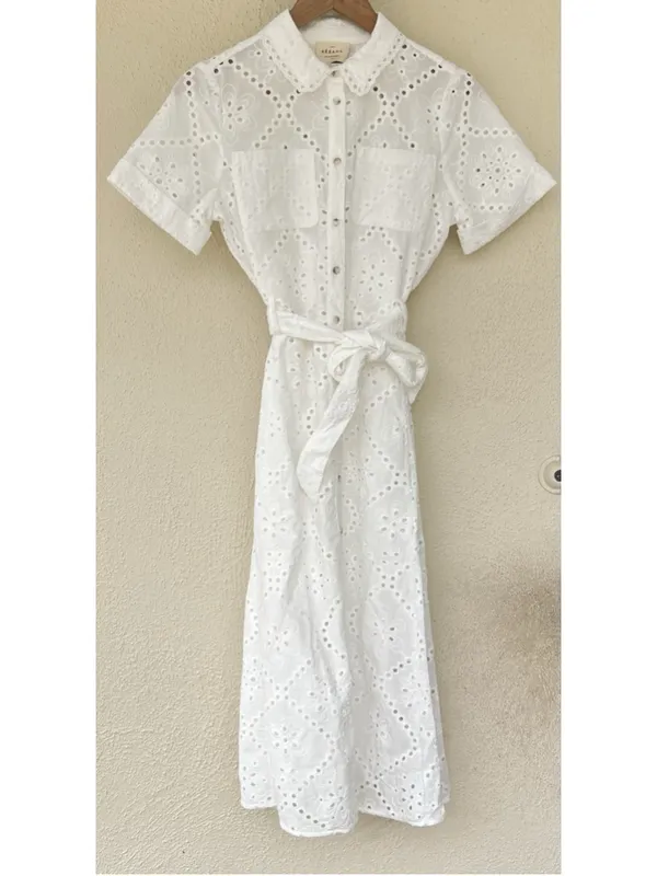 Sezane Adele Short Sleeve Embroidered Midi Dress Eyelet Collar Ecru FR 36 US 4 - Image 8