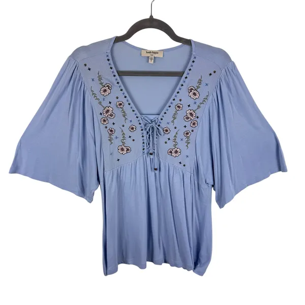 Haute Hippie Tribe Blue Viscose Floral Embroidered Short‎ Sleeve Blouse Size S - Image 2
