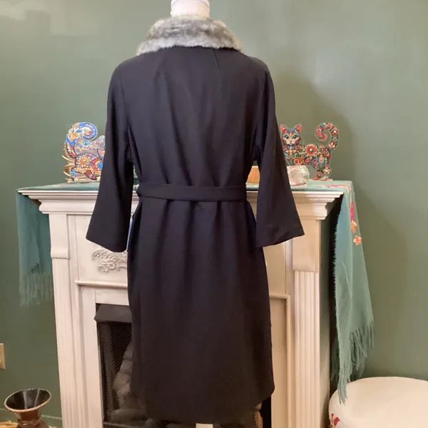 Simply Vera Vera Wang Black Trench Coat with Gray Faux Fur‎ Collar - Image 2