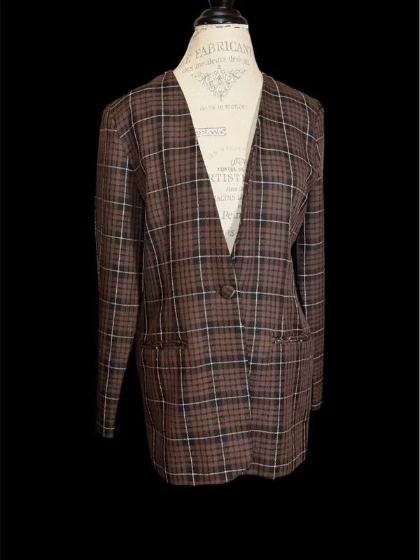 Vintage Willow Ridge Brown Plaid Oversized Blazer Sz XL - Image 3
