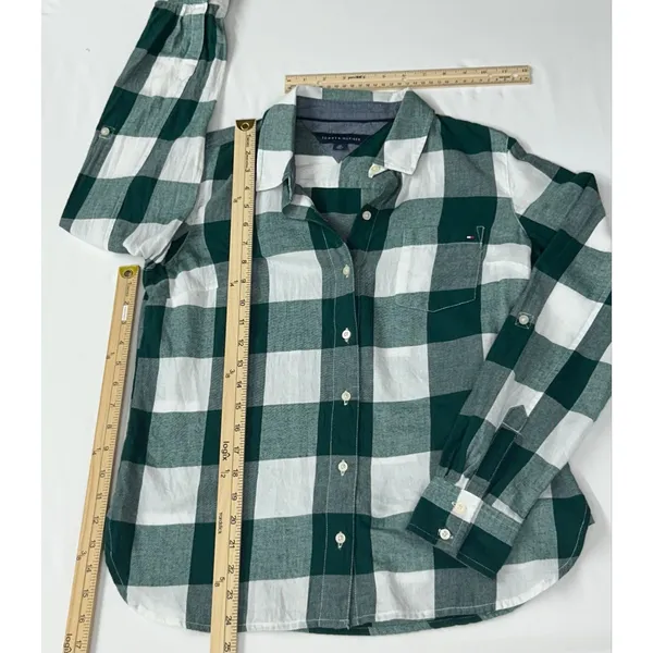 Tommy Hilfiger Womens Small S/P Green White Gingham Plaid Button Down Shirt - Image 9