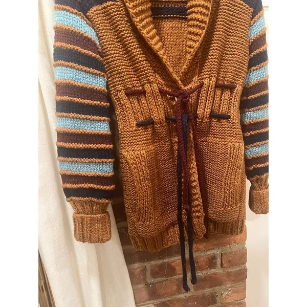 Vintage X-RATED Handknit Statement Cardigan Striped Sleeves Belted M - Image 7