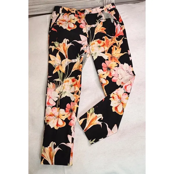 Zara Basic Floral Lily Print Trousers Black Orange Slim Ankle Pants Womens 8 - Image 6