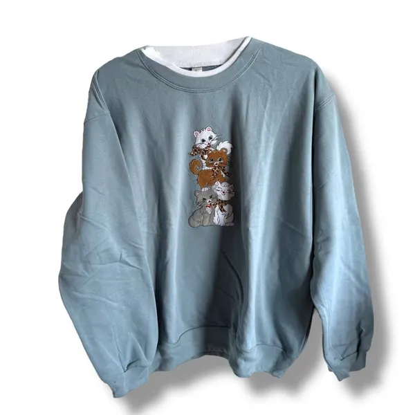 Morning‎ Sun Crewneck Sweatshirt with Ribbed Trim Cat Appliqué Granny Womens L - Image 3