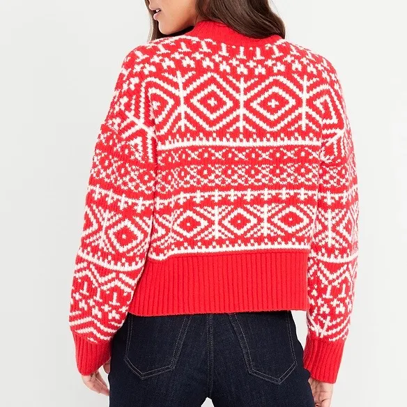 Old Navy SoSoft Fair Isle Mock Neck Sweater Red White Women’s L Holiday - Image 2