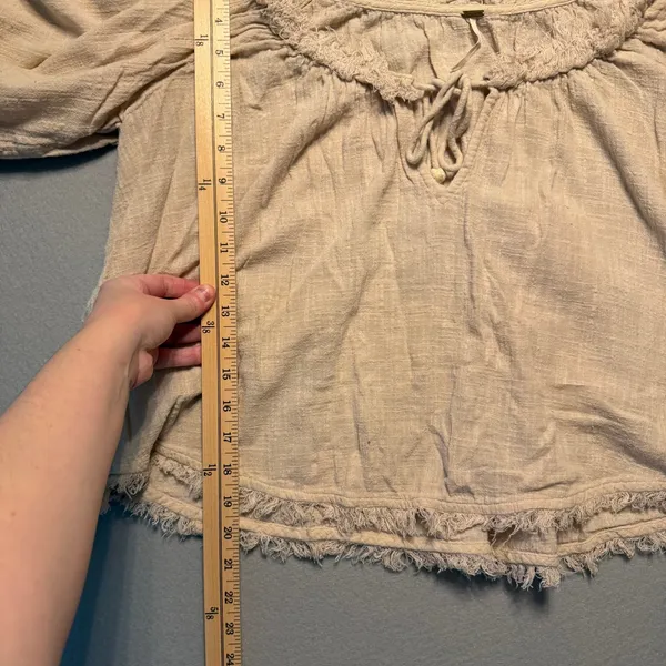 Free People Boho Frayed Gauze Peasant Blouse Top Beige Women Size Medium - Image 6