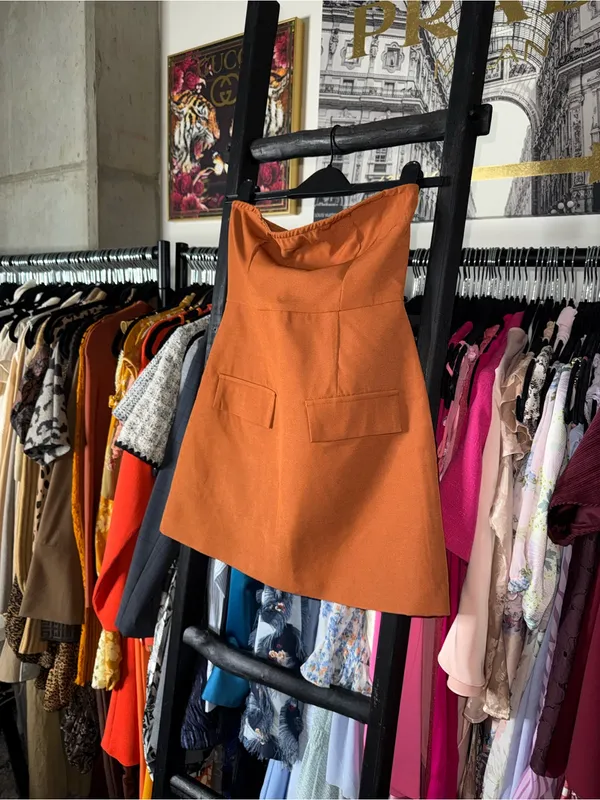 PrettyLittleThing Rust Tailored Bandeau Pocket Detail Mini Dress US 2 New NWT - Image 3