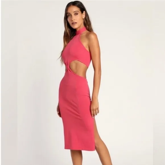 Lulus‎ Halter Neck Cutout Midi Dress Bright Pink Vacation Cocktail Party Size XS - Image 4