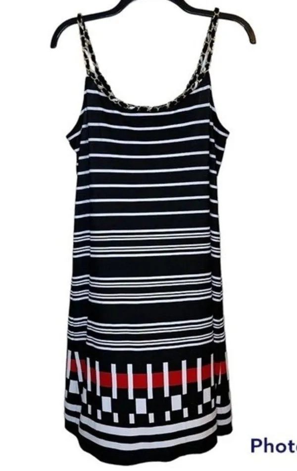 MSK Black/White/Red Striped Chained Neckline Jersey Shift Dress Size Large NWT - Image 2