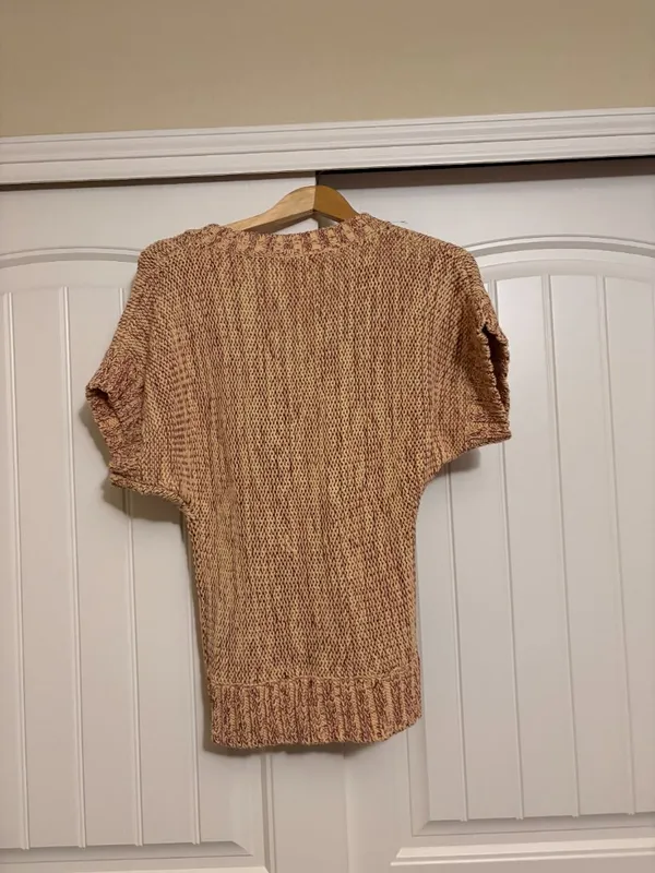 Free People Lace Up V Neck Sweater Small Short Sleeve Pink Tan Cotton Blend - Image 2