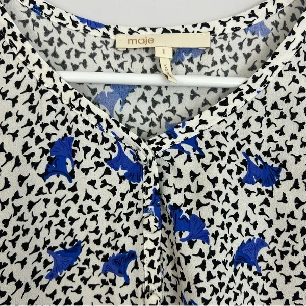 MAJE Lensam Floral Leaf Blue/White V-neck Short Puff Shoulder Blouse Size Small - Image 9