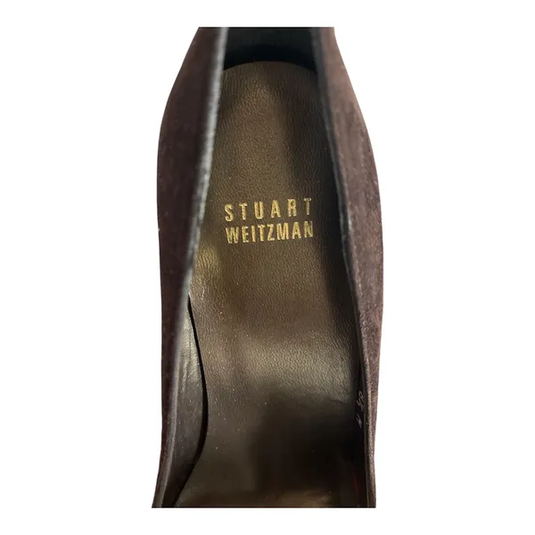 Stuart Weitzman Dark Brown Suede Peep-Toe Heels with Bow Detail - Image 2