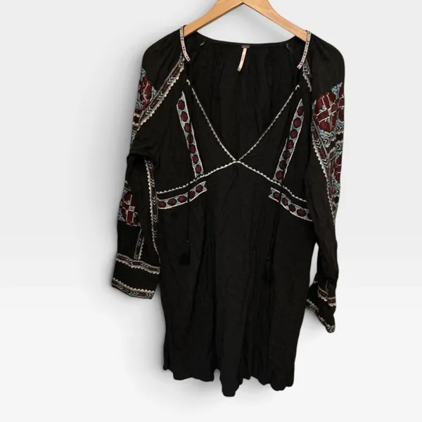 Free People Black Embroidered Mini Dress V-Neck Tassel Boho Gauze Womens Medium - Image 7