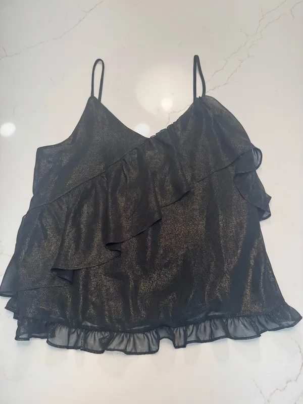 Ro & De Shimmery Black & Gold Ruffle Cami Tank Top - Image 2