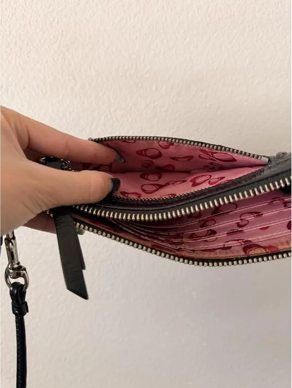 Vintage Black Coach Poppy Wristlet Wallet with Silver Hardware and Pink Interior - Image 5