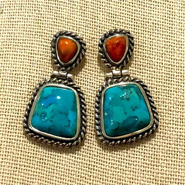 BARSE Sterling Silver Rope Edged Turquoise and Coral Drop Earrings - Image 4