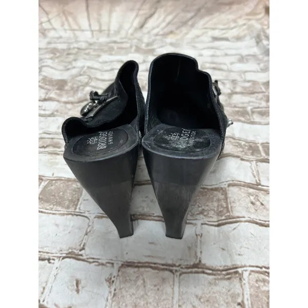 BRIDGET SHUSTER 10 Shoes SASSY BLACK LEATHER MULE HEELS Lock Heart Clogs‎ - Image 4