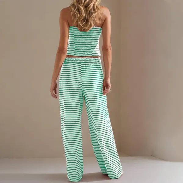 Women's Sz Medium Pull On Lounge Pants White Green Stripes Pockets Elastic Waist - Image 2