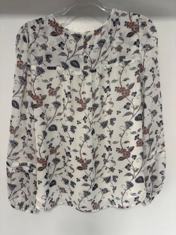 LOFT M White Floral Striped Pleated Yoke Lined Peasant Blouse Neutral Feminine - Image 5