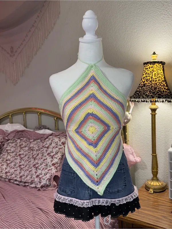 Handmade Pastel Multicolor Crochet Halter Camisole Top - Image 3